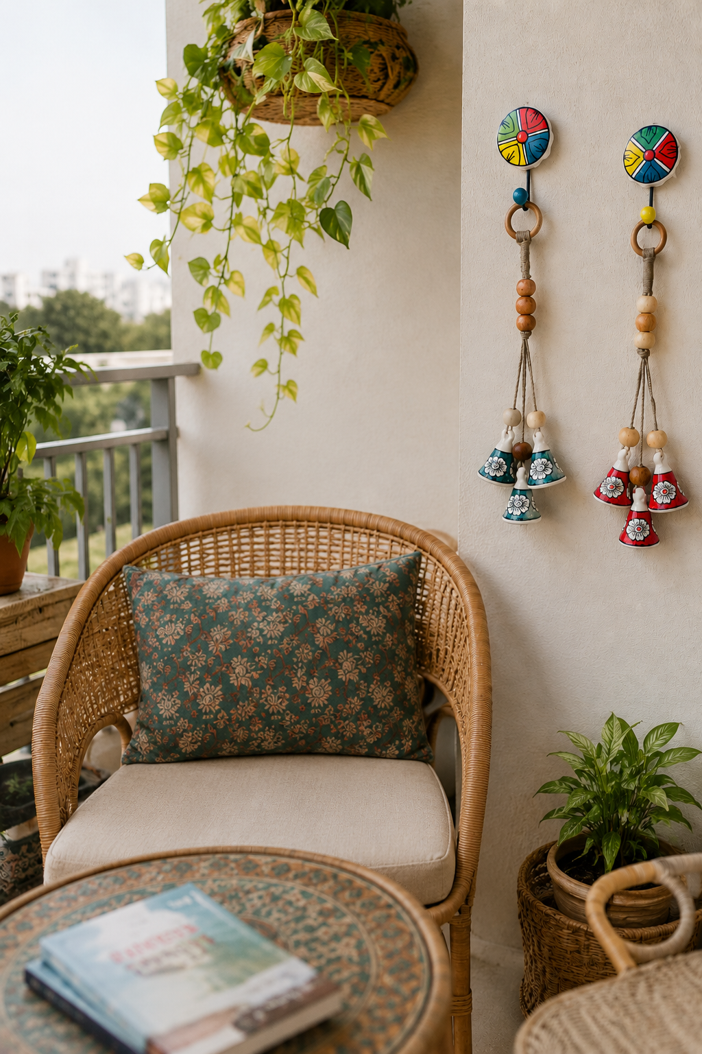 ZenBloom Floral Bell Hanging – Green & Red  (Set of 2)