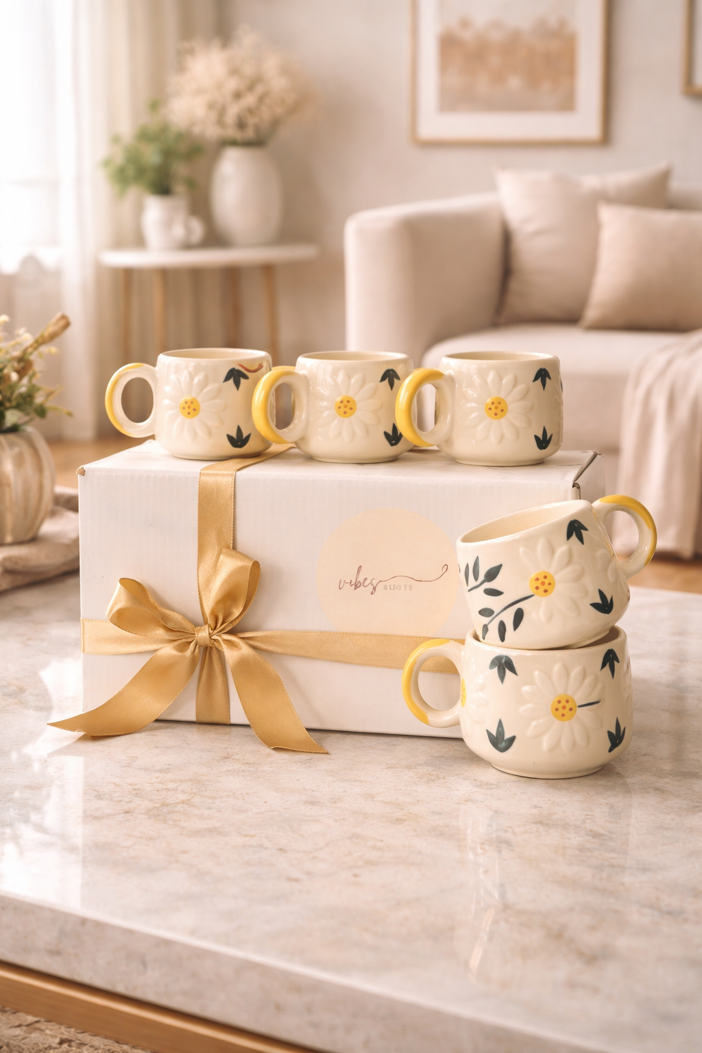 Golden Daisy Mug – Set of 6