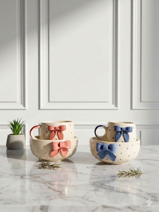 Blush & Blue Bow Cup & Bowl Set – Set of 4