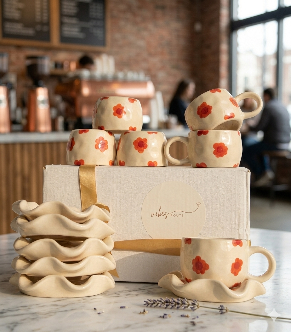 Berry Bloom Print Cup & Coaster Set – 6 🌸💛