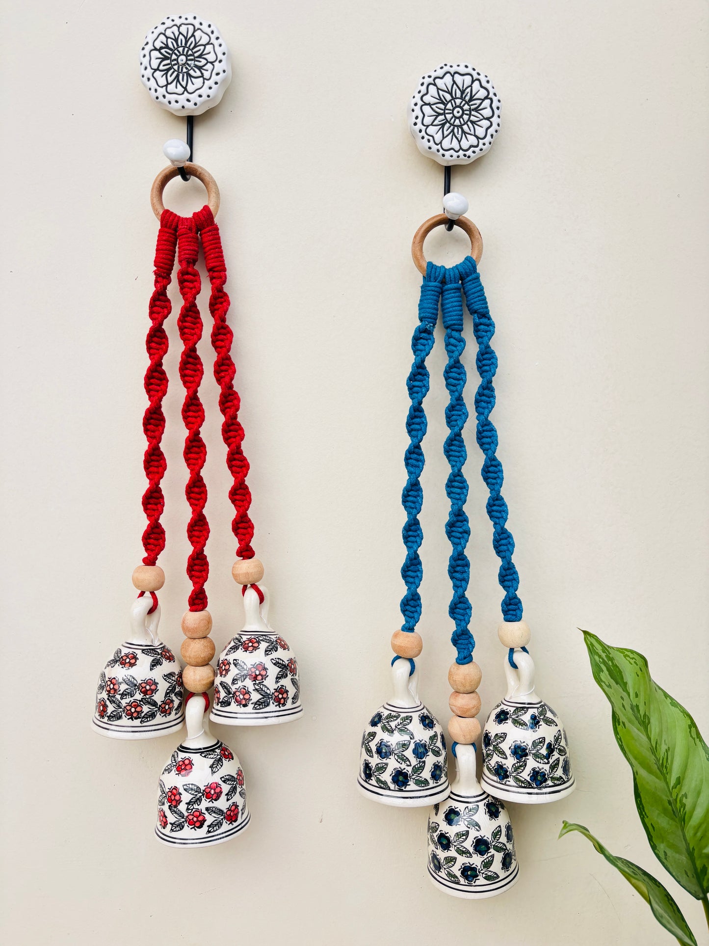Red & Blue Aura Macrame Bell Combo -  Set of 2