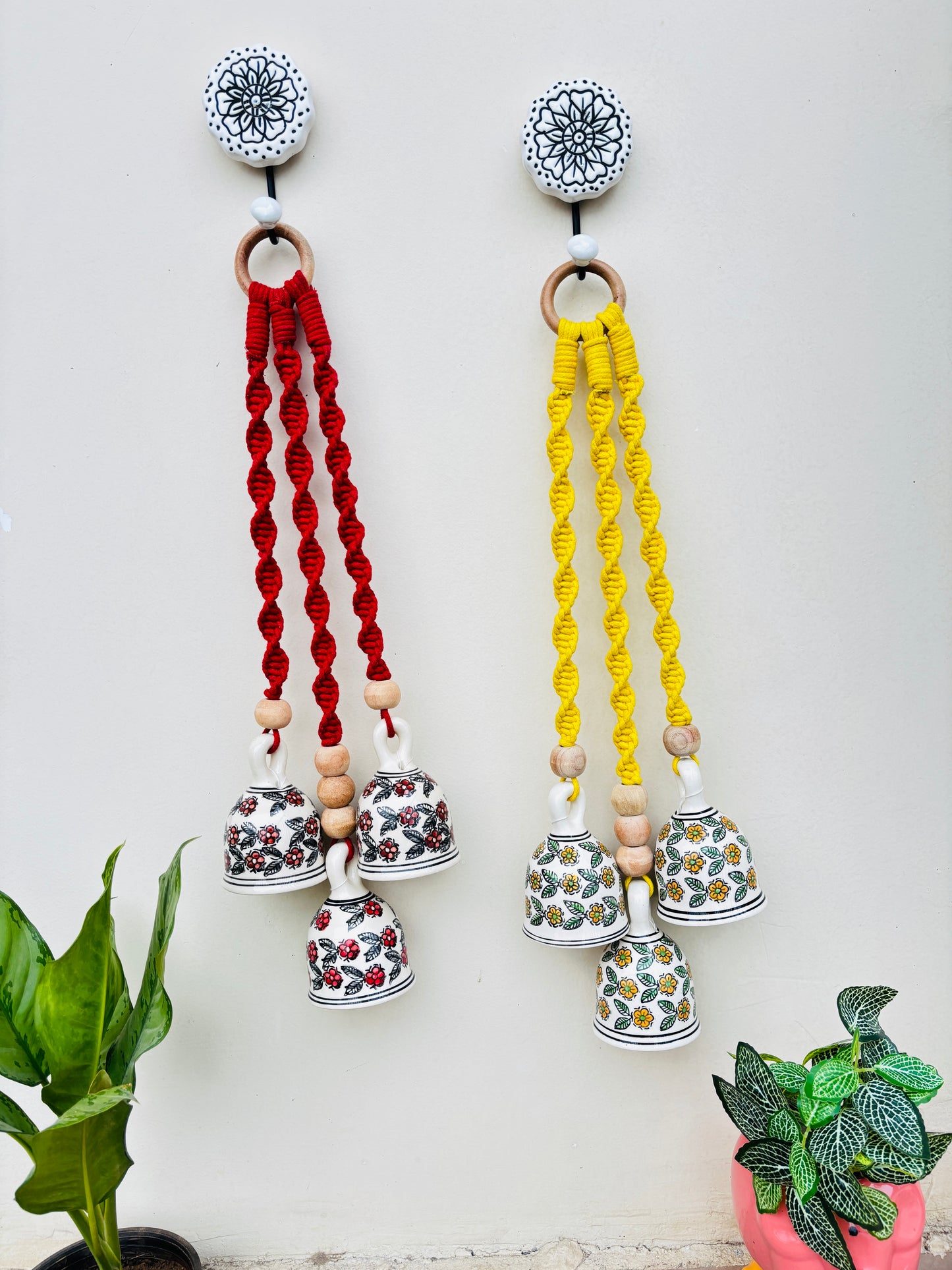 Red & Yellow  Aura Macrame Bell Combo -  Set of 2