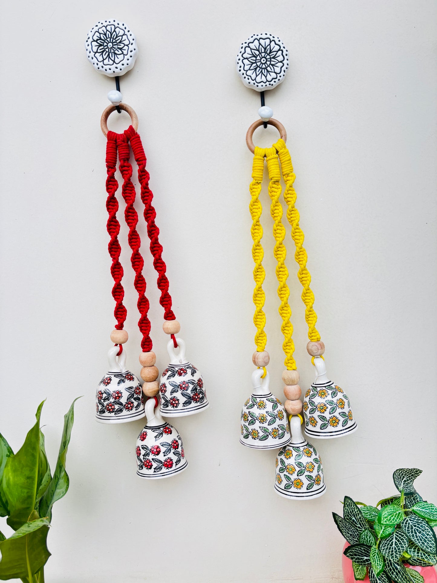 Red & Yellow  Aura Macrame Bell Combo -  Set of 2