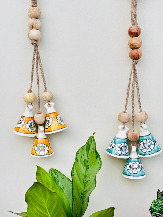 ZenBloom Floral Bell Hanging – Green & Yellow  (Set of 2)