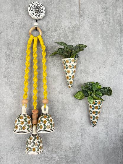 Yellow Floral Ceramic Bells & Wall Planter Combo