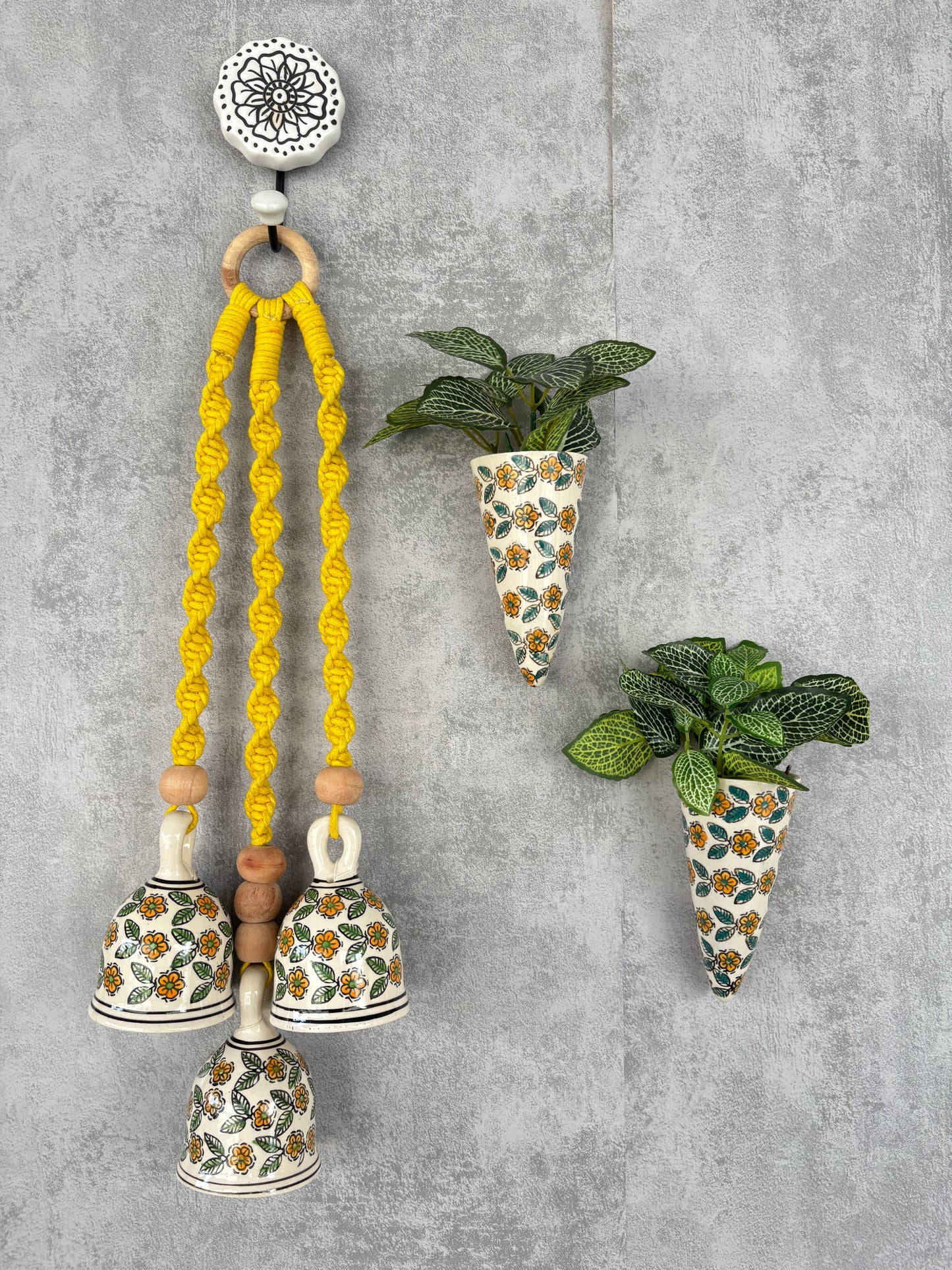 Yellow Floral Ceramic Bells & Wall Planter Combo