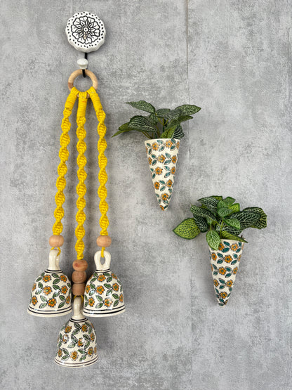 Yellow Floral Ceramic Bells & Wall Planter Combo