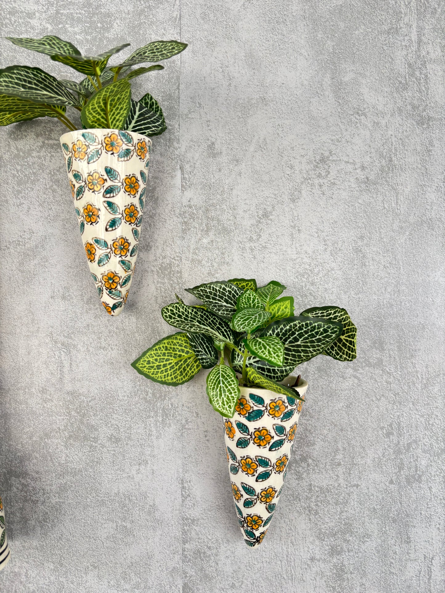 Yellow Floral Ceramic Bells & Wall Planter Combo