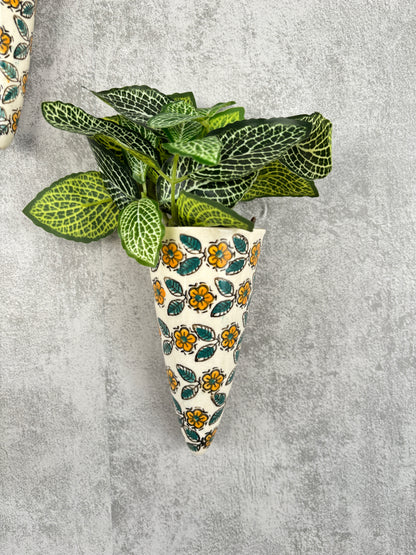 Yellow Floral Ceramic Bells & Wall Planter Combo