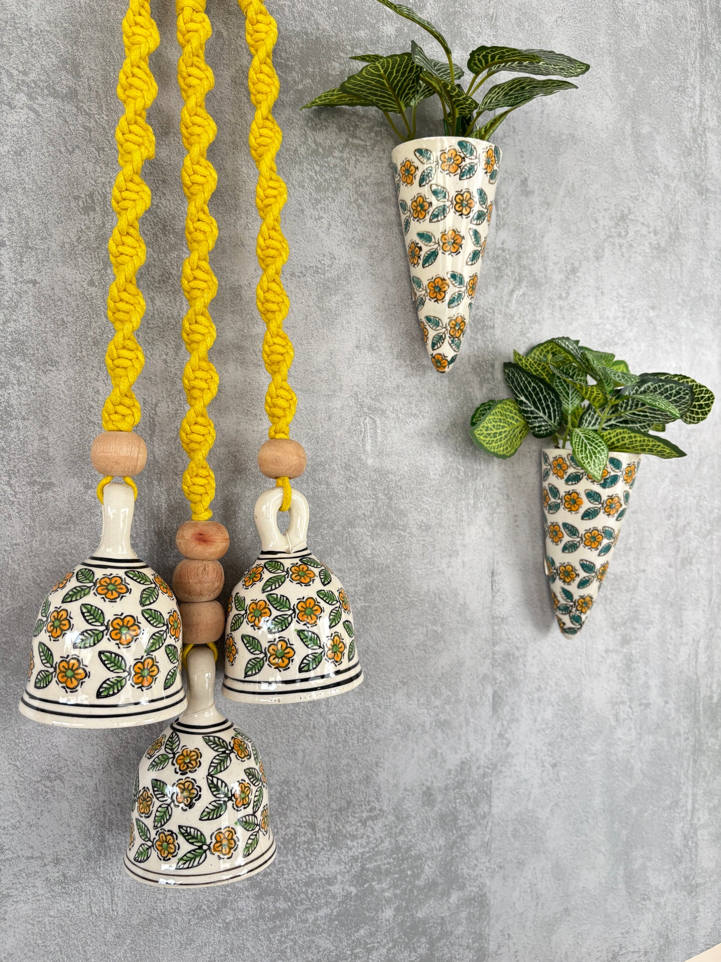 Yellow Floral Ceramic Bells & Wall Planter Combo