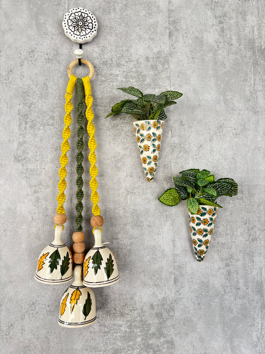 Green Leaf Ceramic Bells & Yellow Floral Wall Planter Set