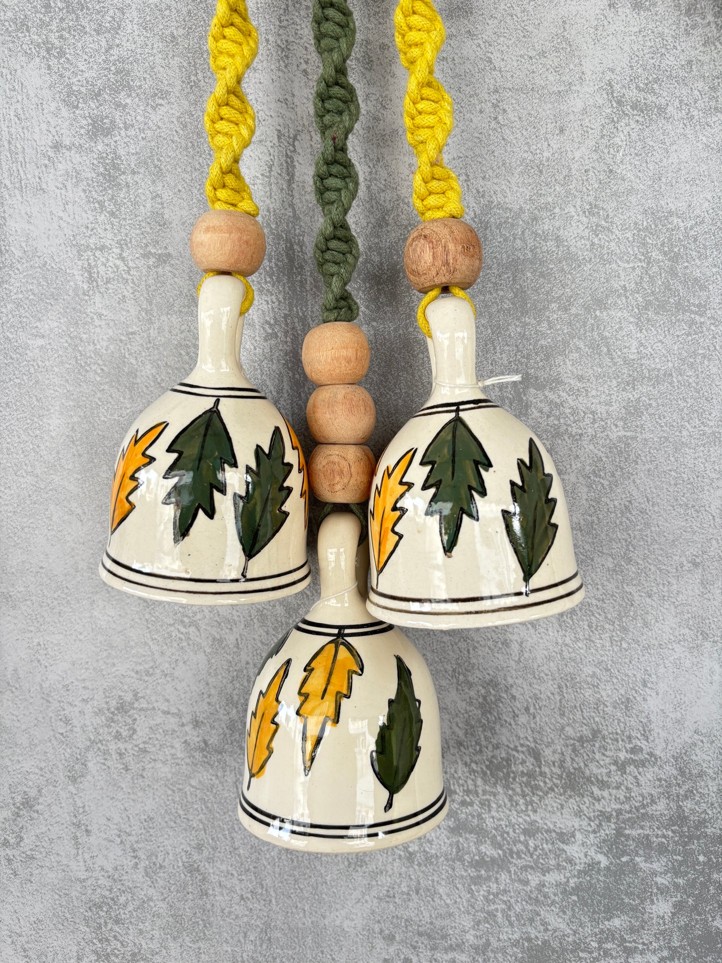 Green Leaf Ceramic Bells & Yellow Floral Wall Planter Set