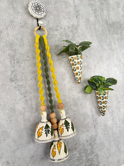 Green Leaf Ceramic Bells & Yellow Floral Wall Planter Set
