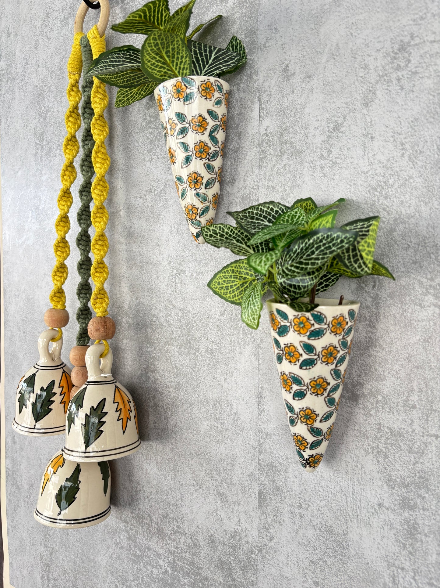 Green Leaf Ceramic Bells & Yellow Floral Wall Planter Set