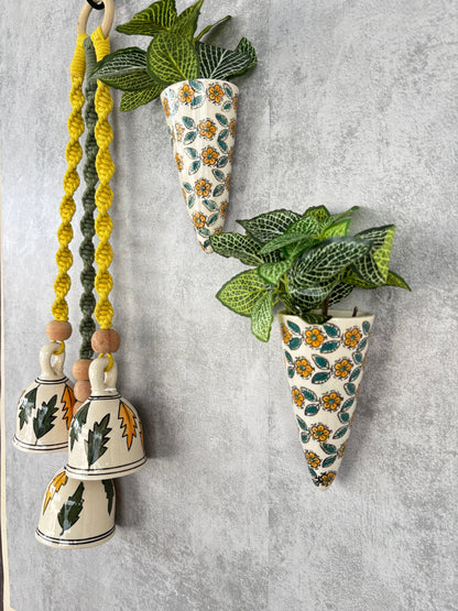 Green Leaf Ceramic Bells & Yellow Floral Wall Planter Set
