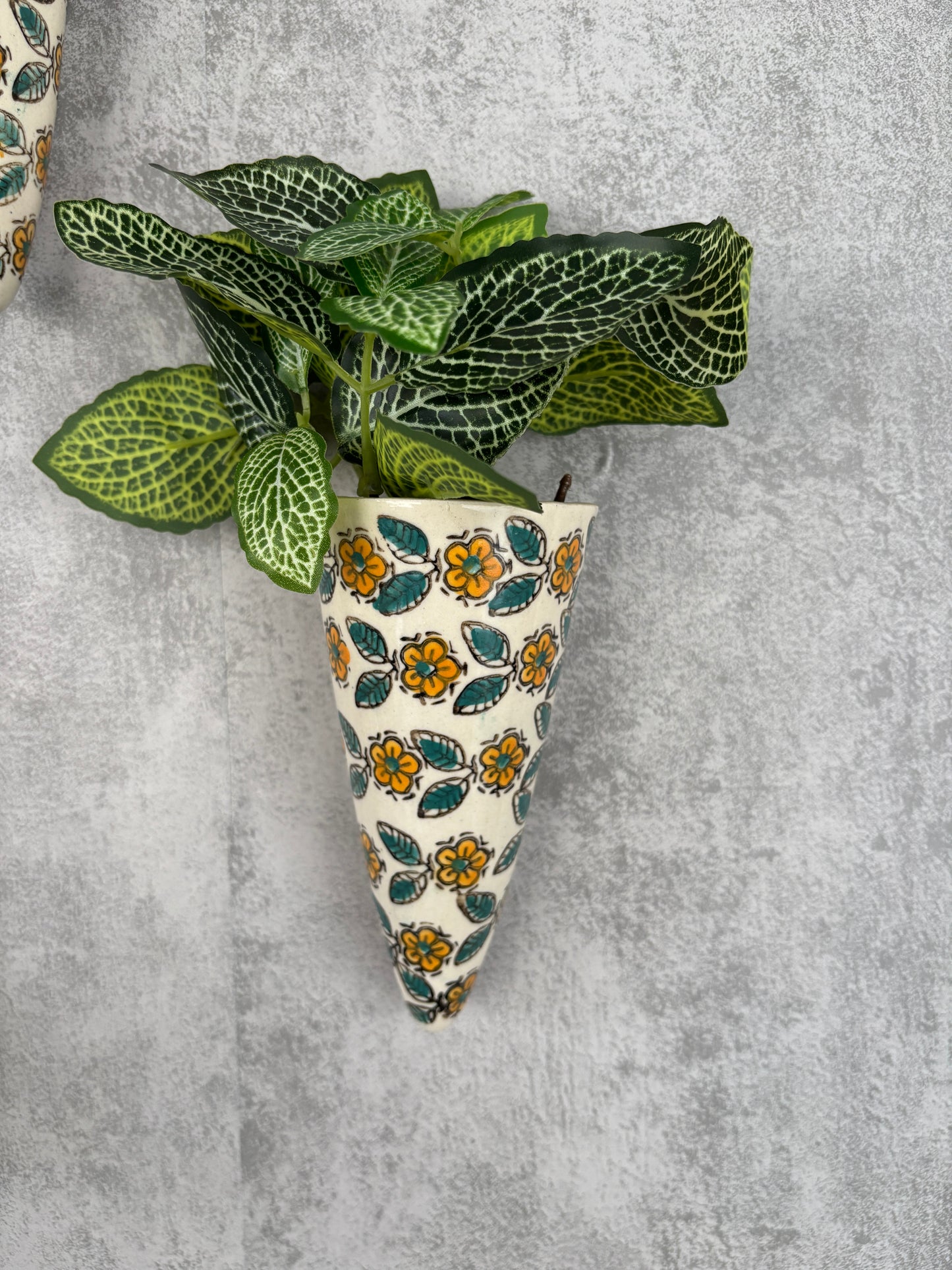 Green Leaf Ceramic Bells & Yellow Floral Wall Planter Set