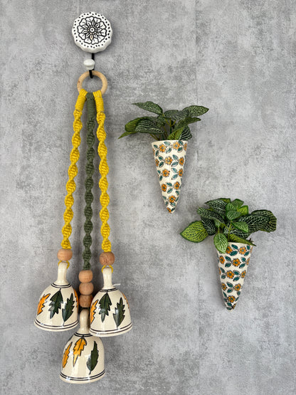 Green Leaf Ceramic Bells & Yellow Floral Wall Planter Set