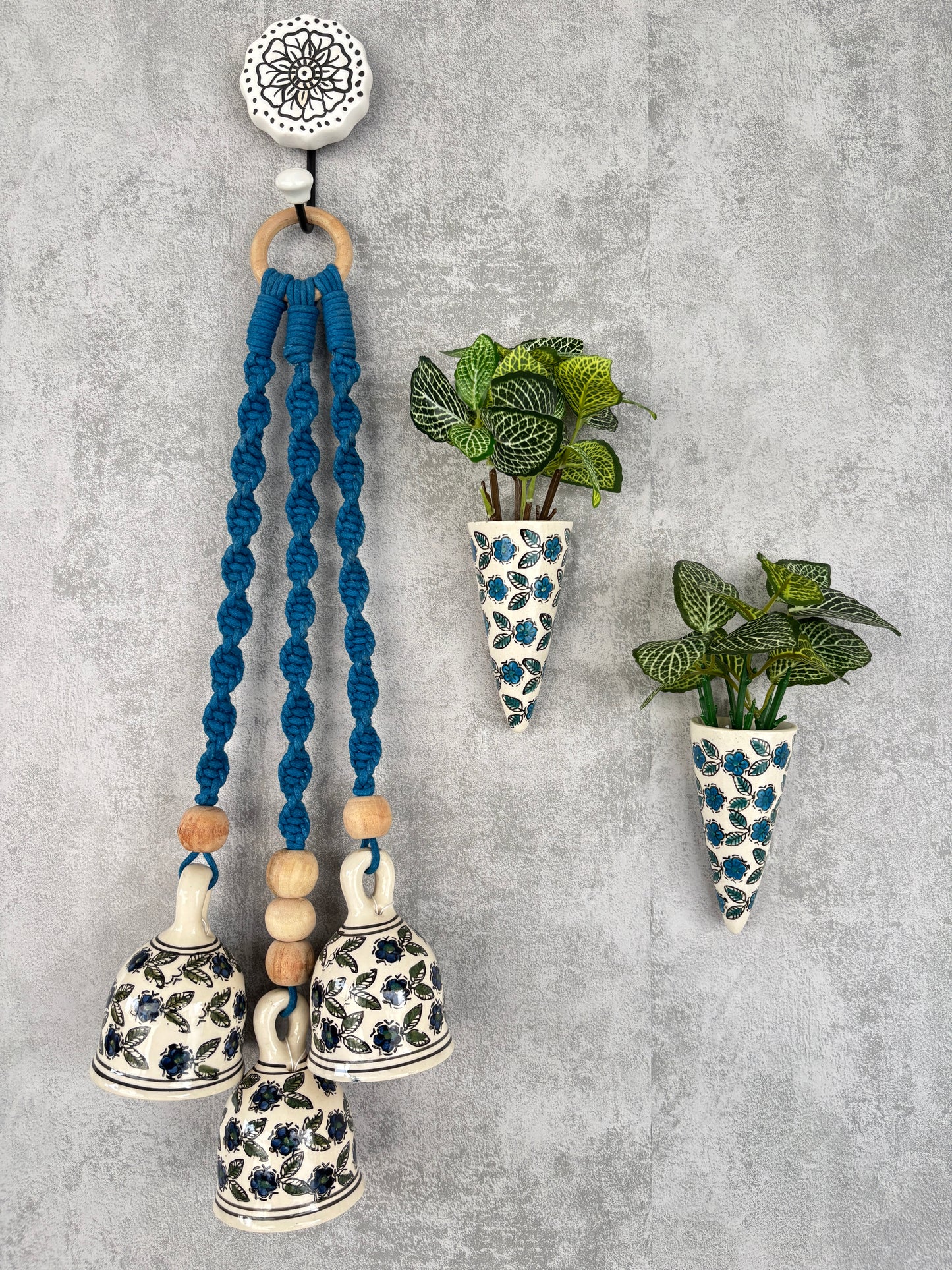 Blue Floral Ceramic Bells & Wall Planter Combo