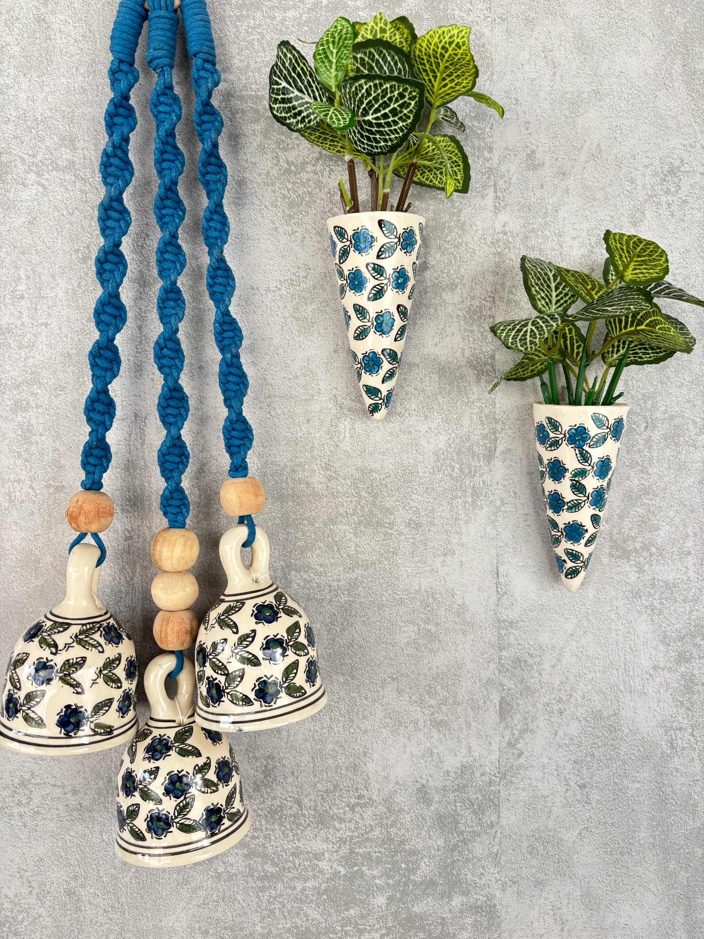 Blue Floral Ceramic Bells & Wall Planter Combo