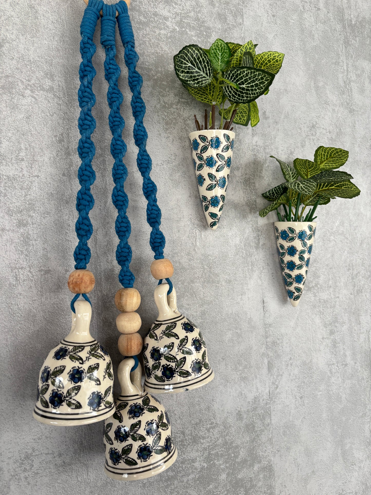 Blue Floral Ceramic Bells & Wall Planter Combo