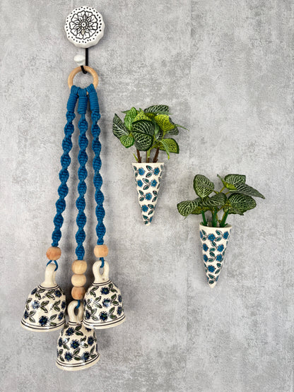 Blue Floral Ceramic Bells & Wall Planter Combo