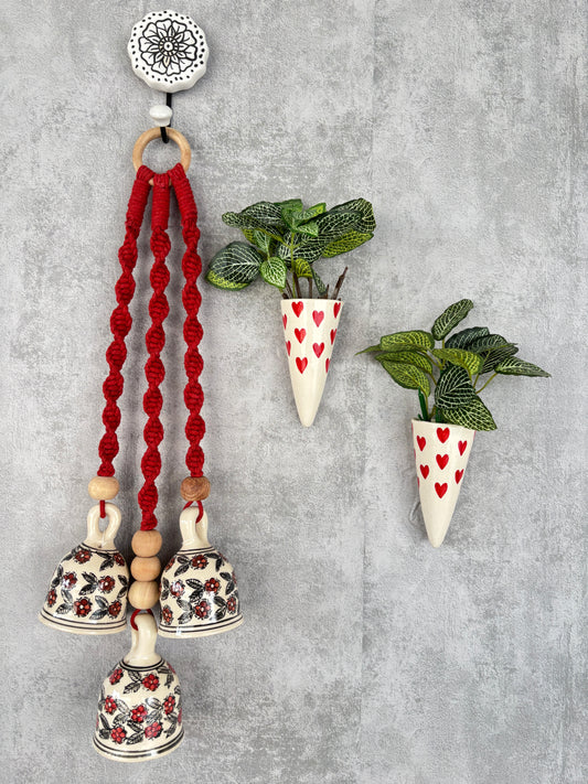 Red Floral Bells with Heart Print Wall Planter Set