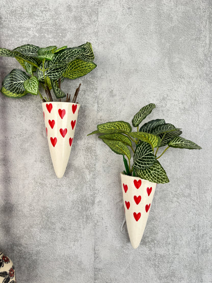 Red Floral Bells with Heart Print Wall Planter Set