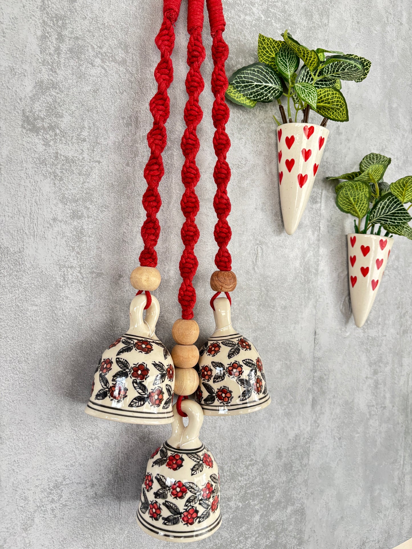 Red Floral Bells with Heart Print Wall Planter Set