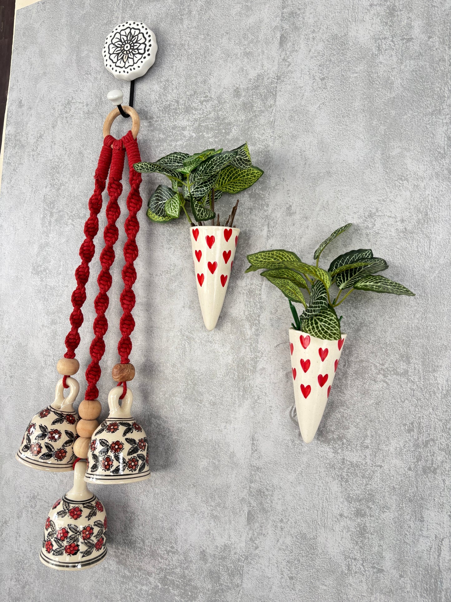 Red Floral Bells with Heart Print Wall Planter Set