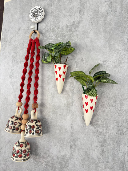 Red Floral Bells with Heart Print Wall Planter Set