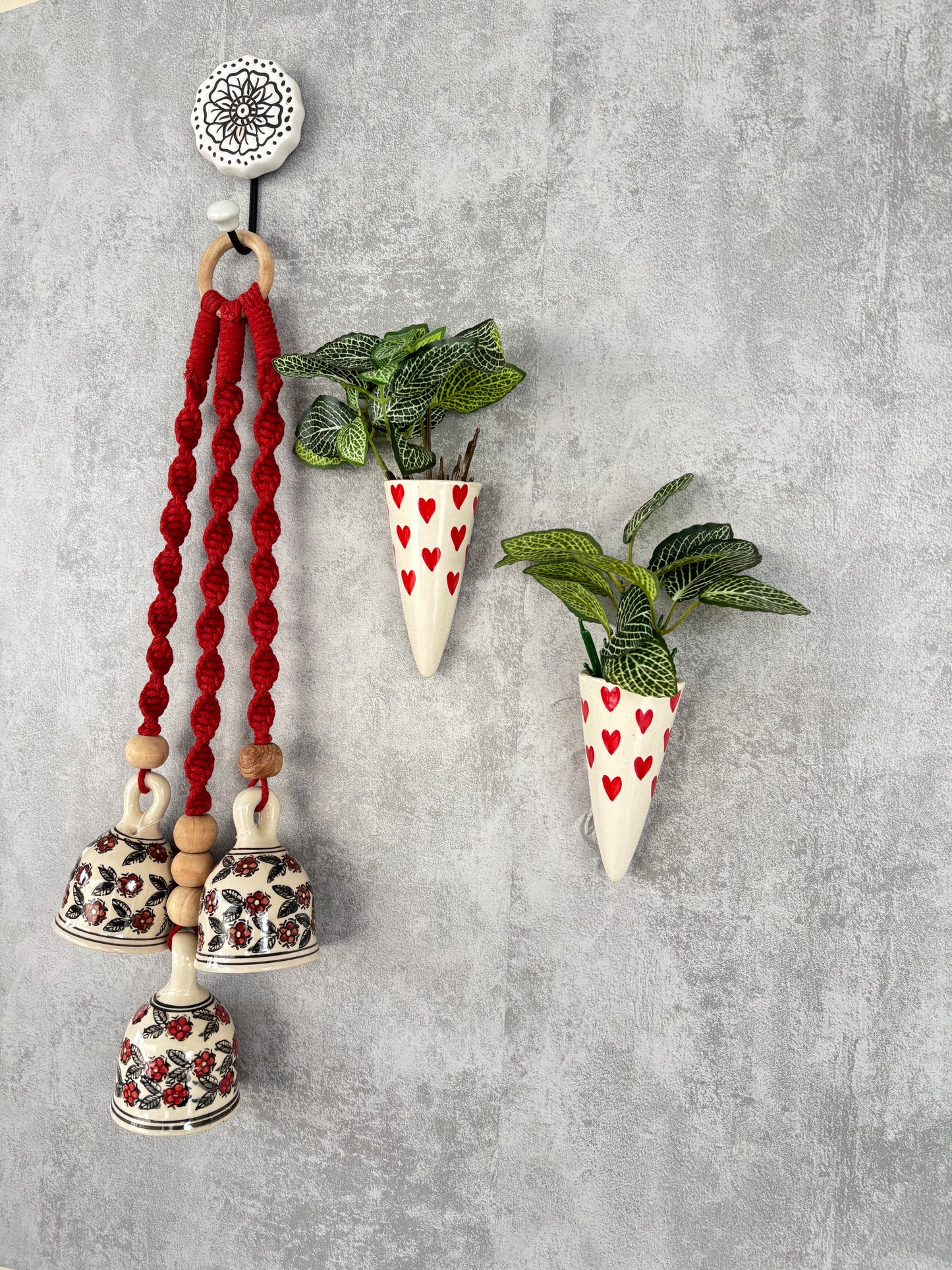 Red Floral Bells with Heart Print Wall Planter Set