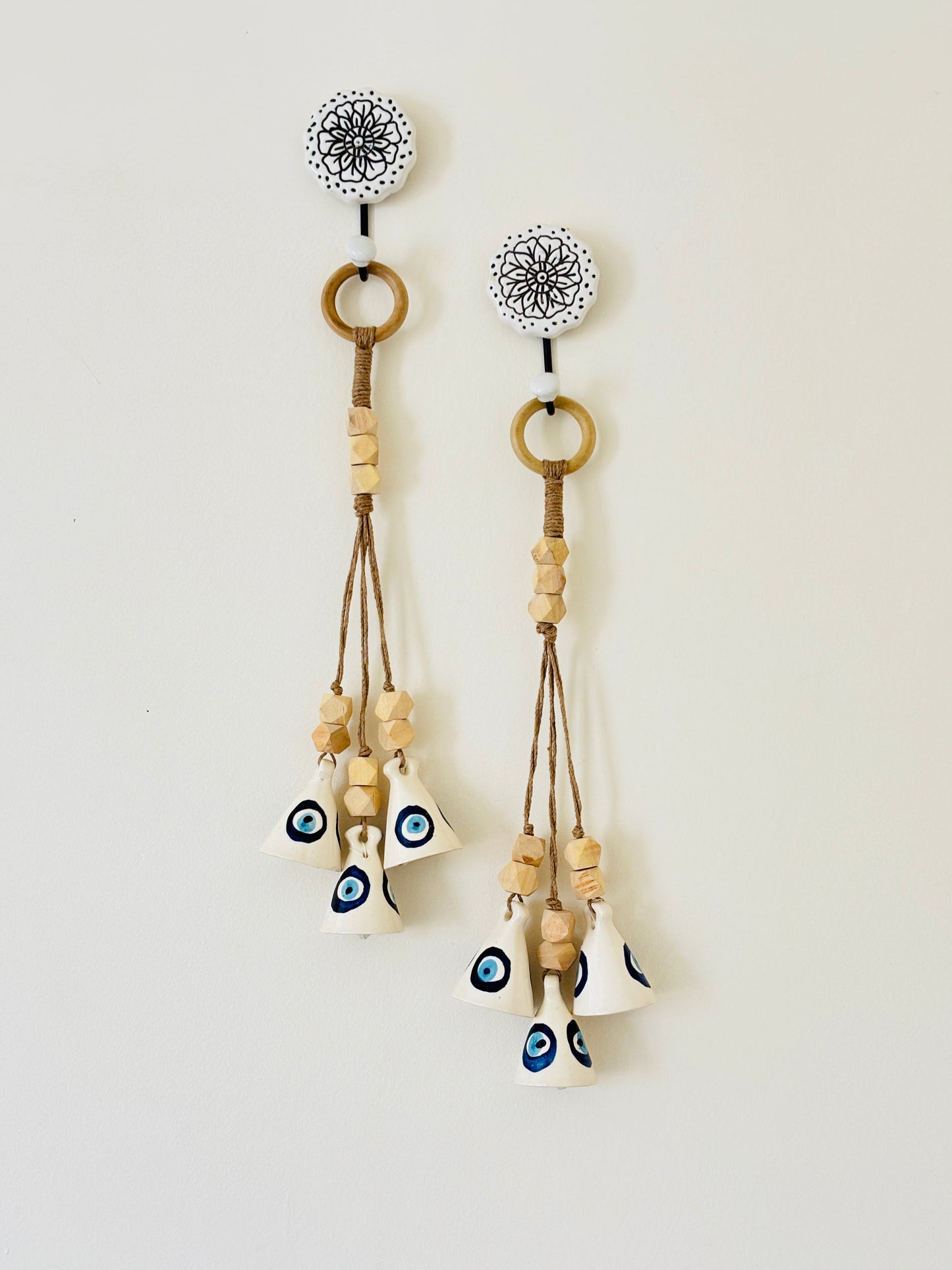 Evil Eye Ceramic Bell Hanging – Set of 2 with Hooks