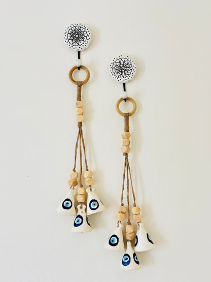 Evil Eye Ceramic Bell Hanging – Set of 2 with Hooks