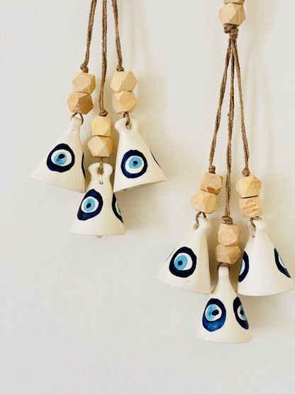 Evil Eye Ceramic Bell Hanging – Set of 2 with Hooks