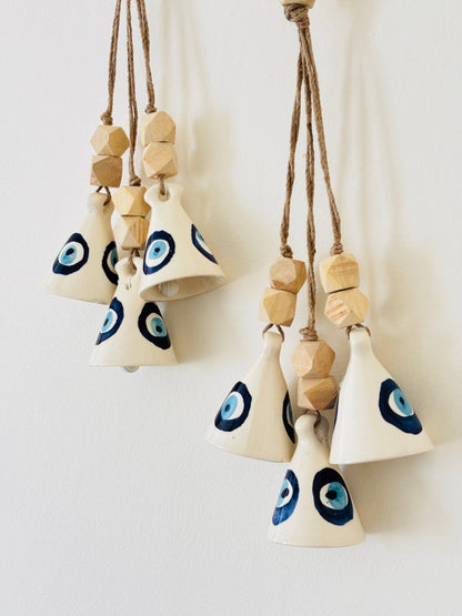 Evil Eye Ceramic Bell Hanging – Set of 2 with Hooks