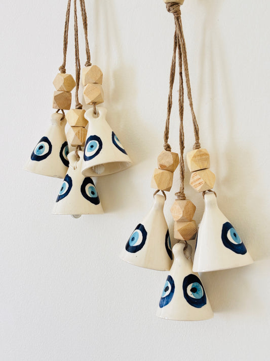 Evil Eye Ceramic Bell Hanging – Set of 2 with Hooks