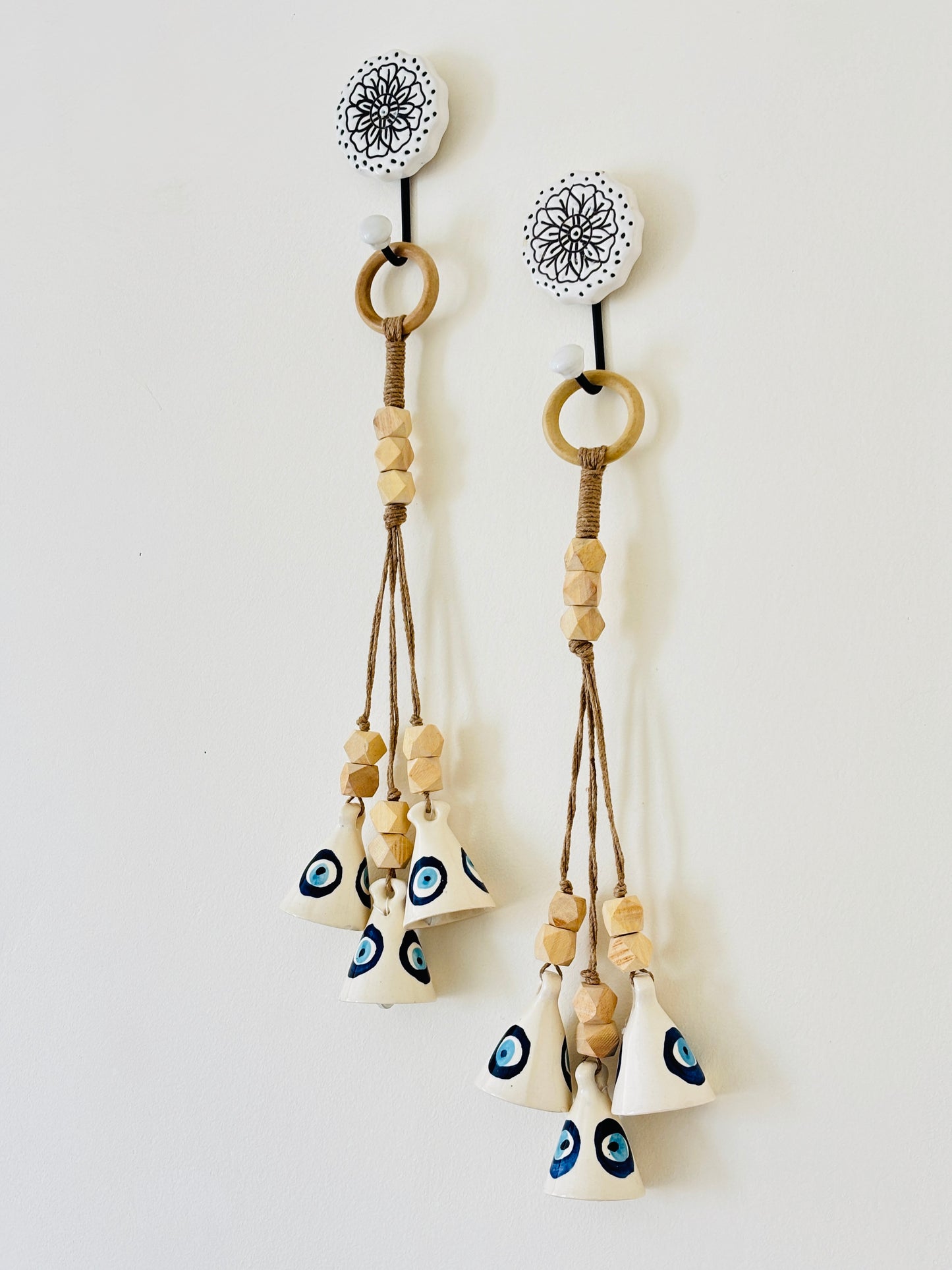 Evil Eye Ceramic Bell Hanging – Set of 2 with Hooks