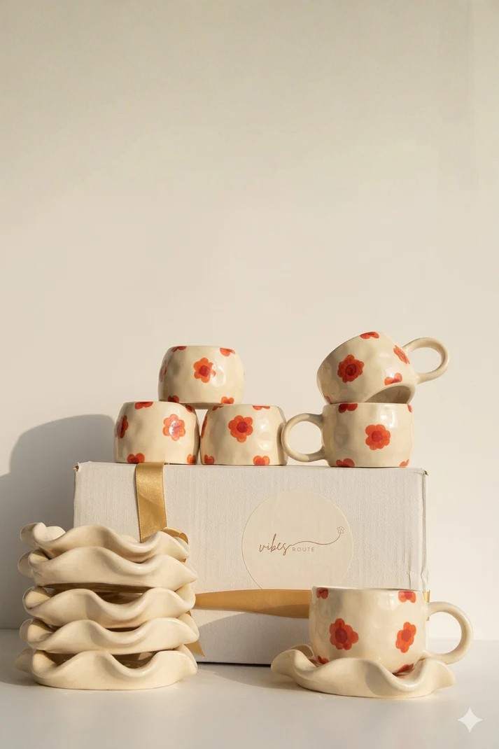Berry Bloom Print Cup & Coaster Set – 6 🌸💛
