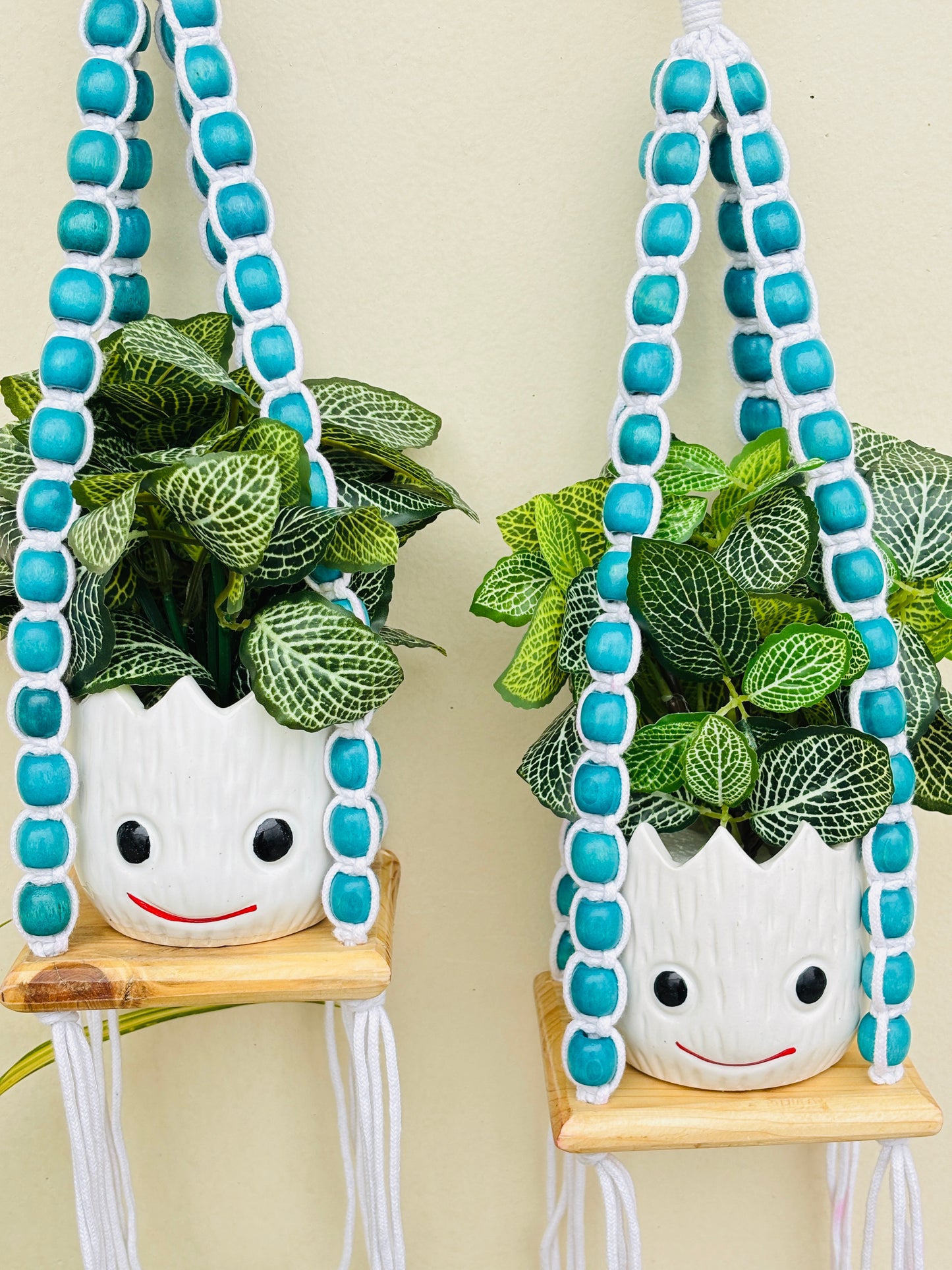 Wooden Boho Beaded Planter Set - Blue