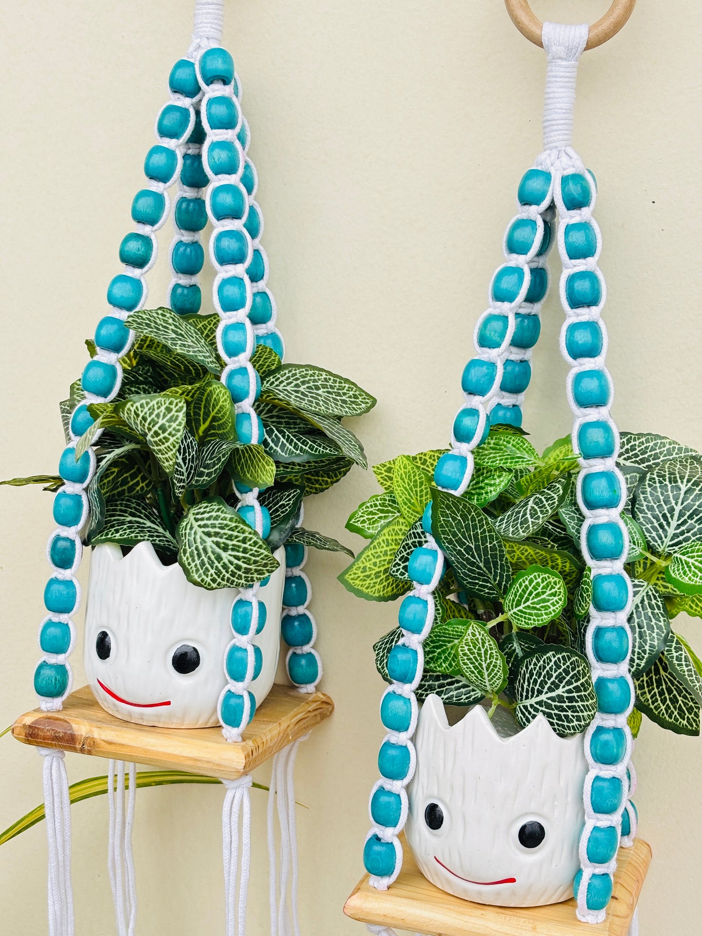 Wooden Boho Beaded Planter Set - Blue