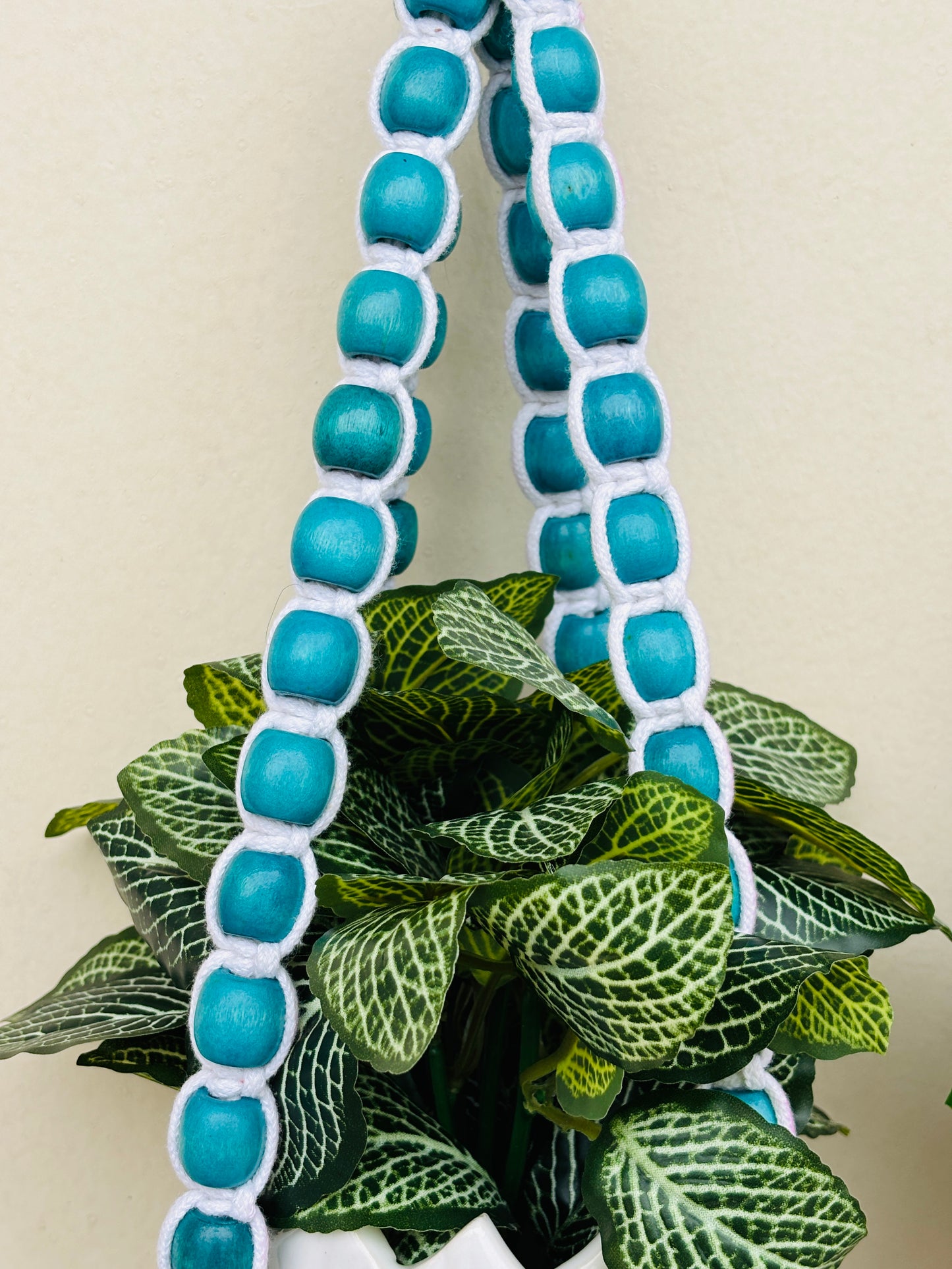 Wooden Boho Beaded Planter Set - Blue