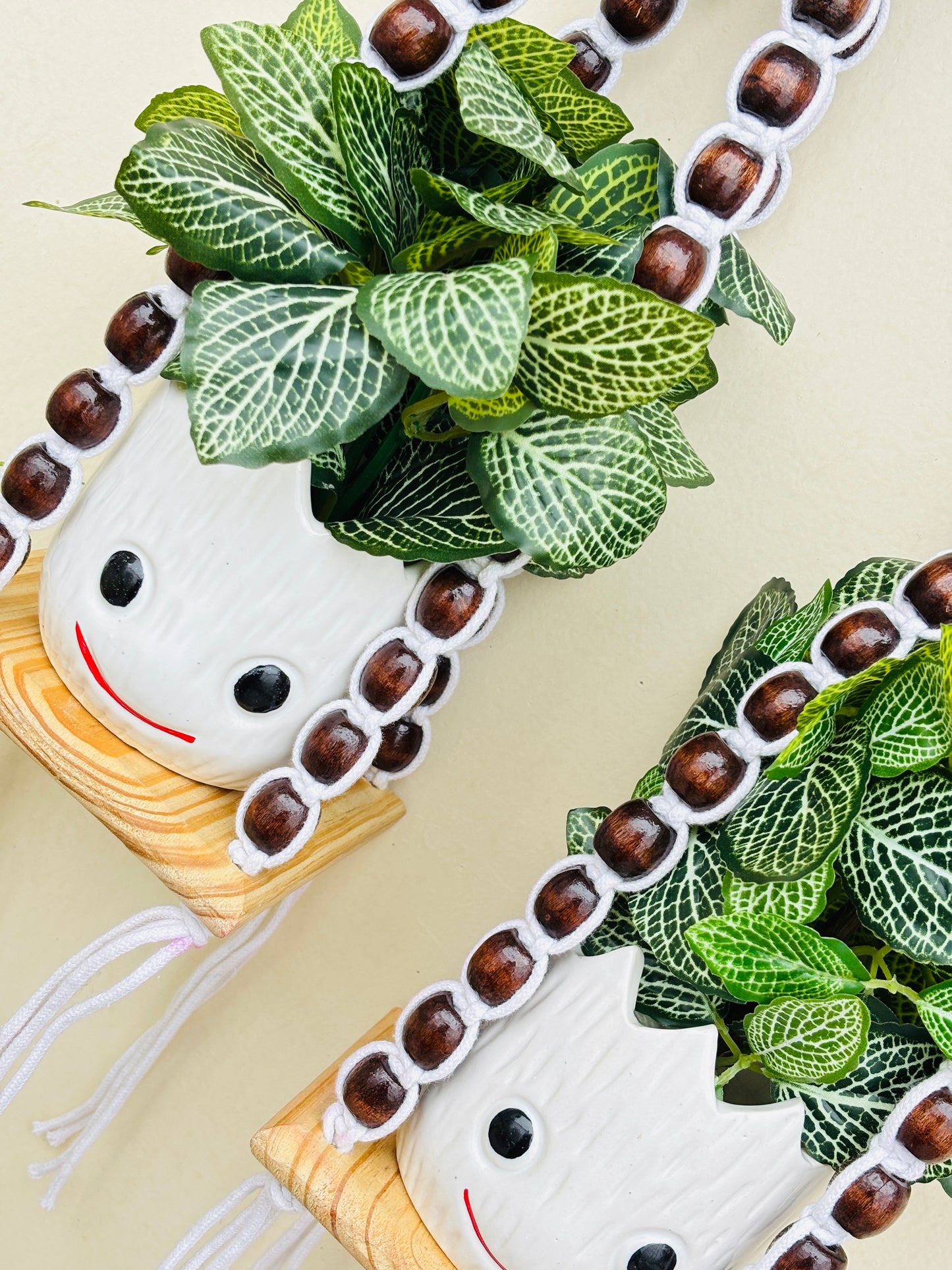 Wooden Boho Beaded Planter Set - Dark Brown