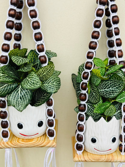 Wooden Boho Beaded Planter Set - Dark Brown