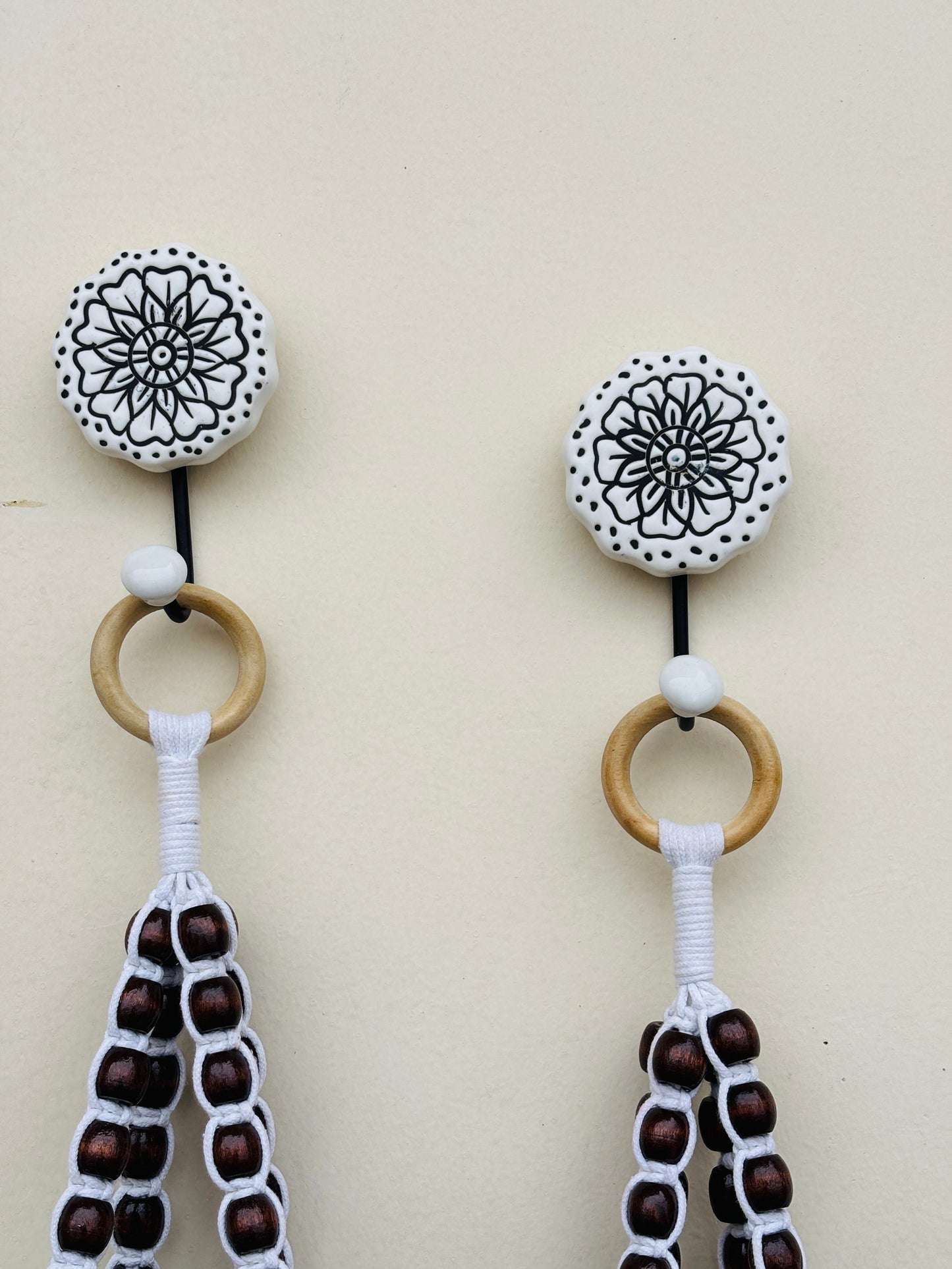 Wooden Boho Beaded Planter Set - Dark Brown