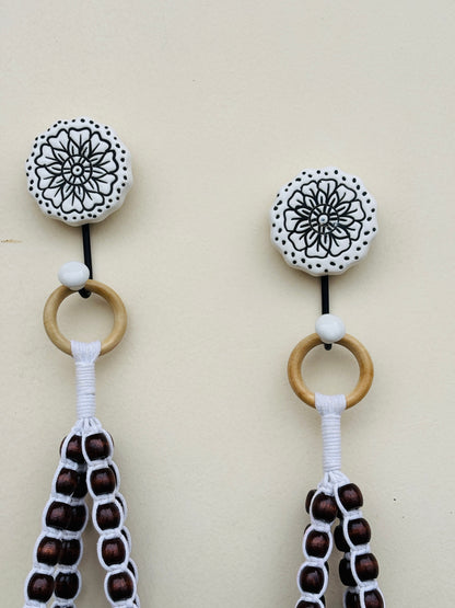 Wooden Boho Beaded Planter Set - Dark Brown