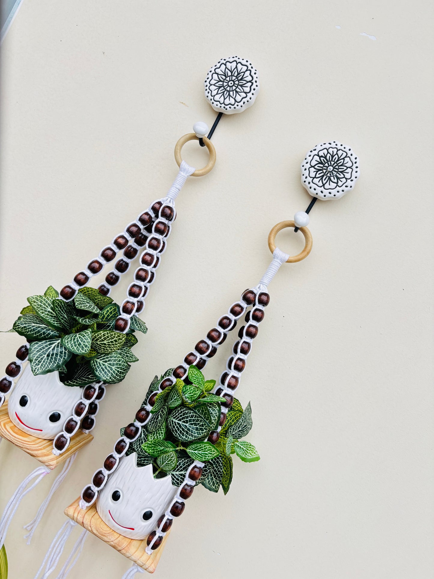 Wooden Boho Beaded Planter Set - Dark Brown