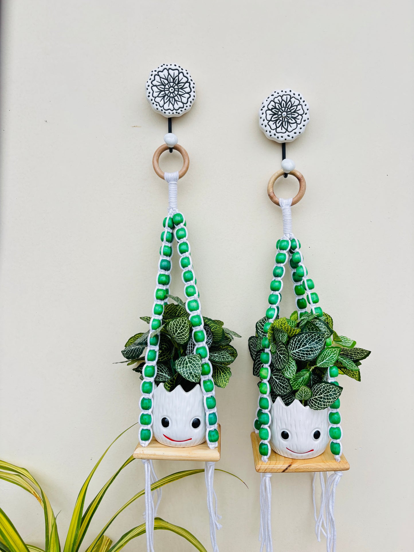 Wooden Boho Beaded Planter Set - Green