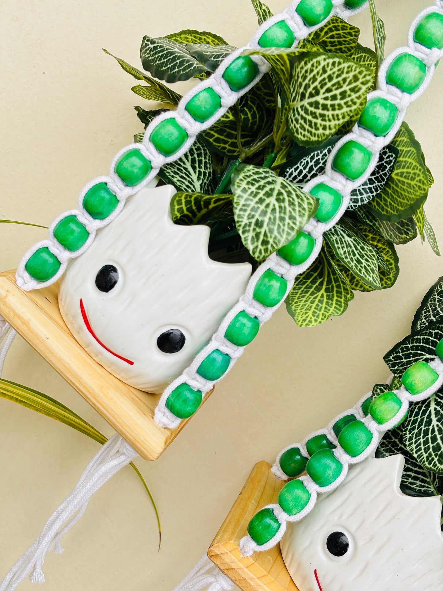 Wooden Boho Beaded Planter Set - Green