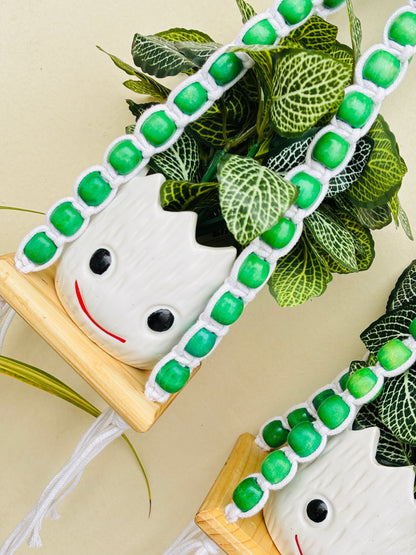 Wooden Boho Beaded Planter Set - Green