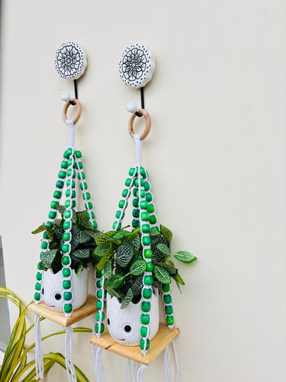Wooden Boho Beaded Planter Set - Green